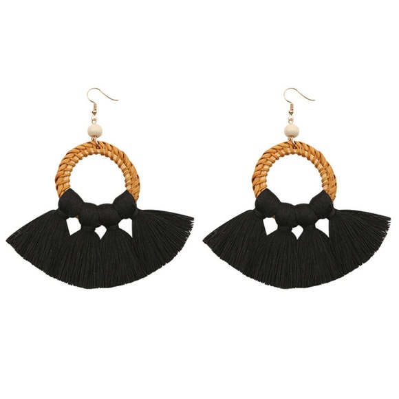 Circle Rattan Tassel Earrings - Picture 3 of 3